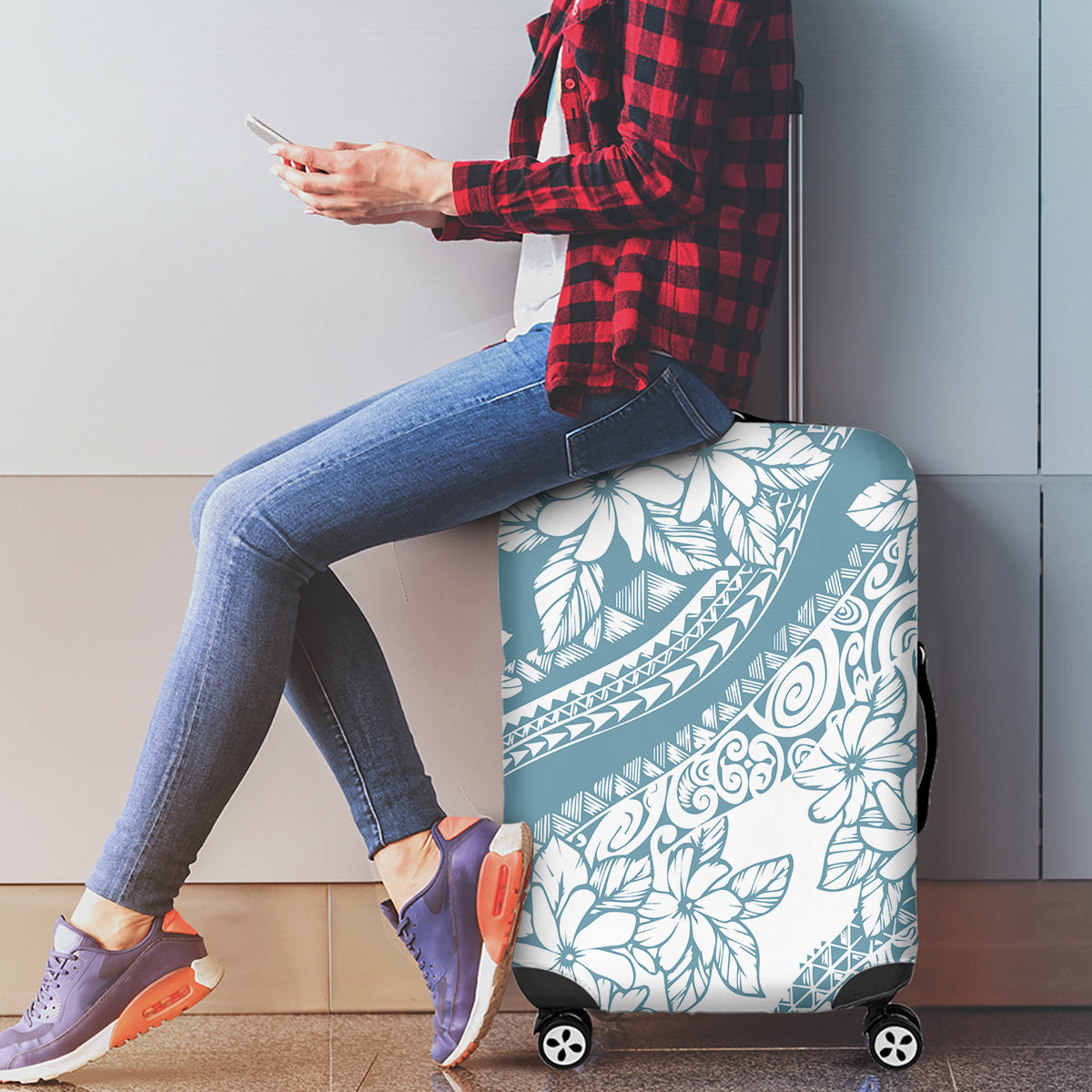 Polynesia Luggage Cover Polynesian Tropical Flowers Blue Pastel Vibes - Wonder Print Shop