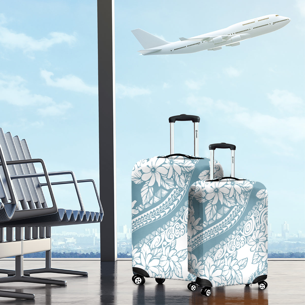 Polynesia Luggage Cover Polynesian Tropical Flowers Blue Pastel Vibes - Wonder Print Shop