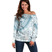 Polynesia Off Shoulder Sweater Polynesian Tropical Flowers Blue Pastel Vibes - Wonder Print Shop
