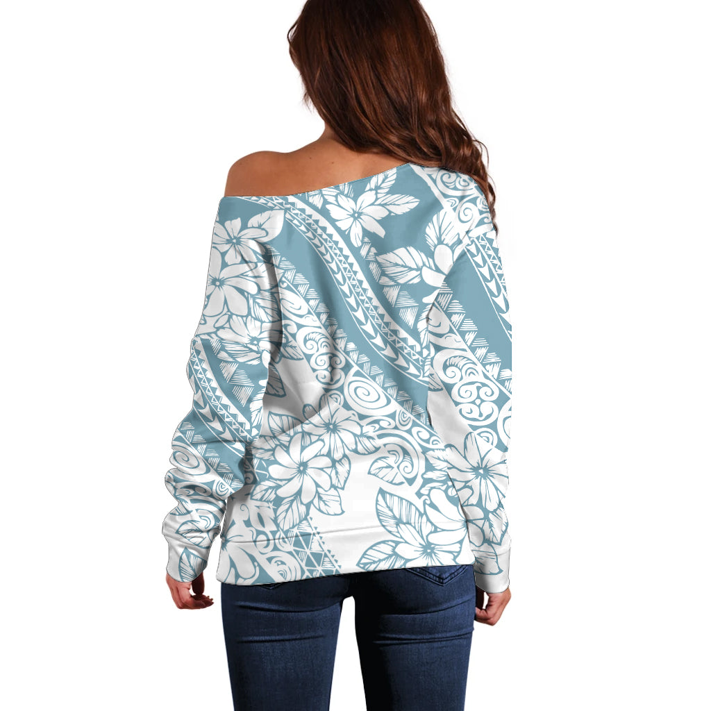 Polynesia Off Shoulder Sweater Polynesian Tropical Flowers Blue Pastel Vibes - Wonder Print Shop