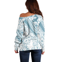 Polynesia Off Shoulder Sweater Polynesian Tropical Flowers Blue Pastel Vibes - Wonder Print Shop