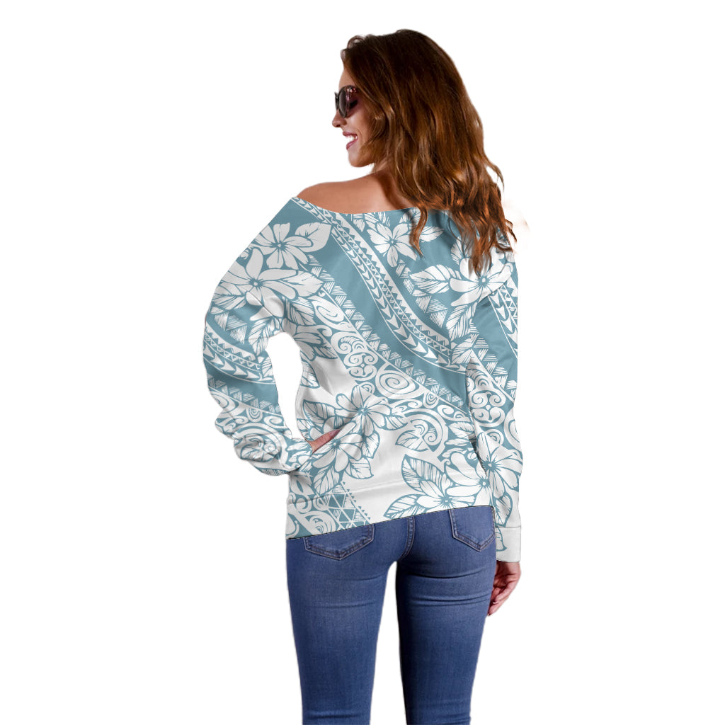Polynesia Off Shoulder Sweater Polynesian Tropical Flowers Blue Pastel Vibes - Wonder Print Shop