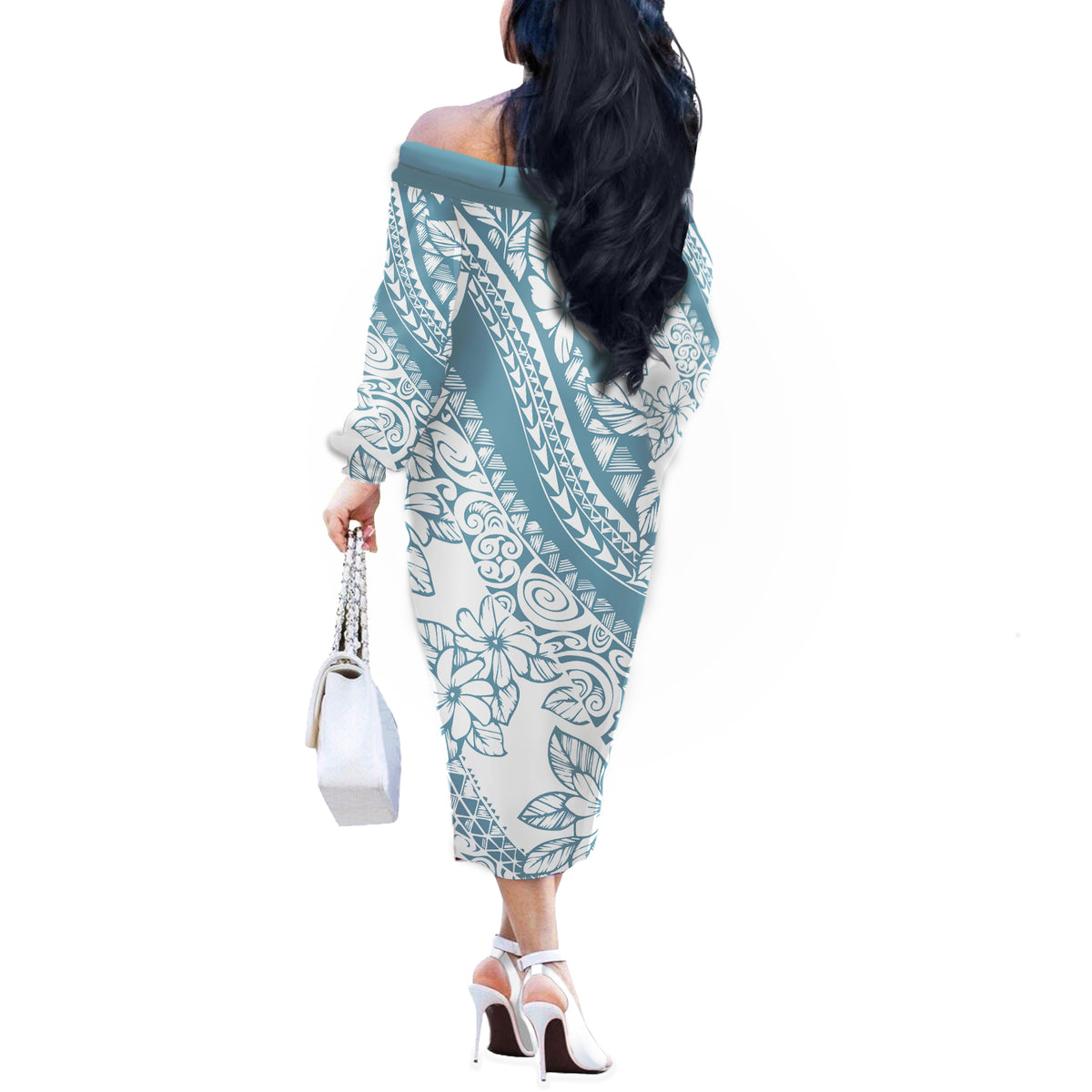 Polynesia Off The Shoulder Long Sleeve Dress Polynesian Tropical Flowers Blue Pastel Vibes - Wonder Print Shop