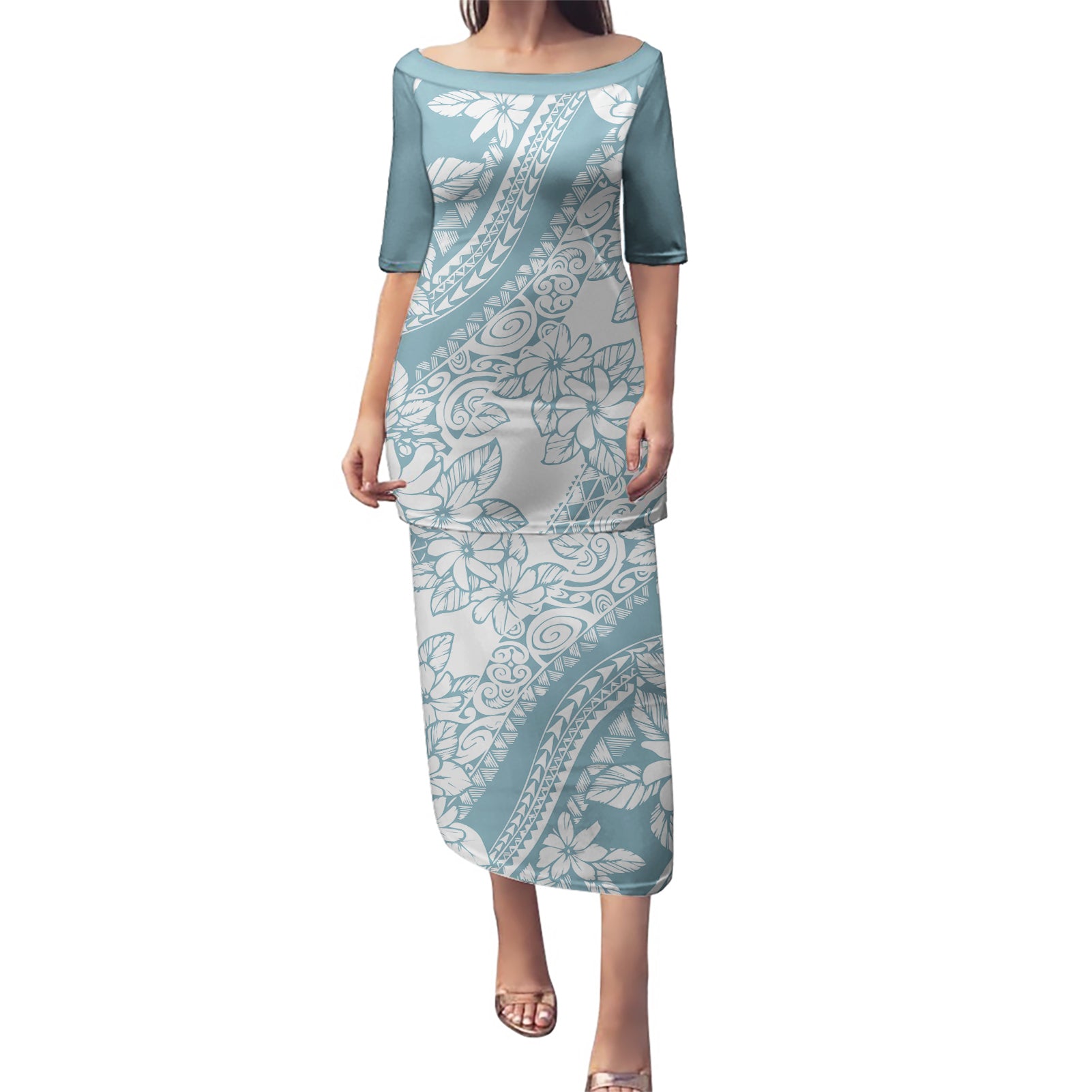 Polynesia Puletasi Polynesian Tropical Flowers Blue Pastel Vibes - Wonder Print Shop