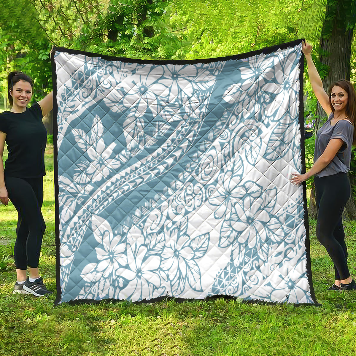 Polynesia Quilt Polynesian Tropical Flowers Blue Pastel Vibes - Wonder Print Shop