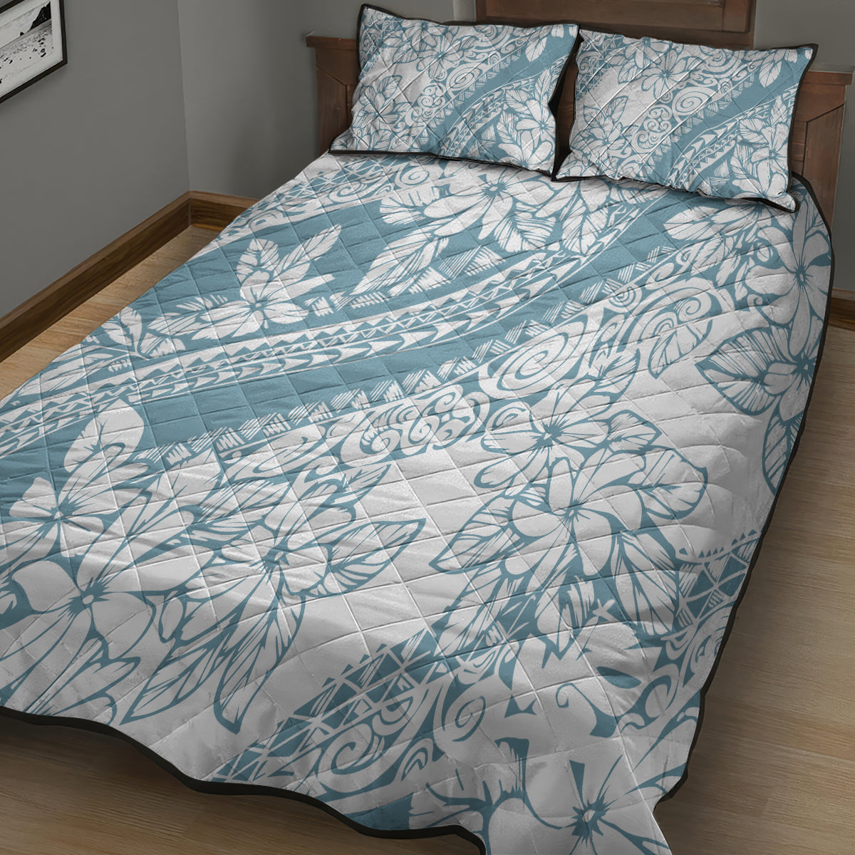 Polynesia Quilt Bed Set Polynesian Tropical Flowers Blue Pastel Vibes - Wonder Print Shop