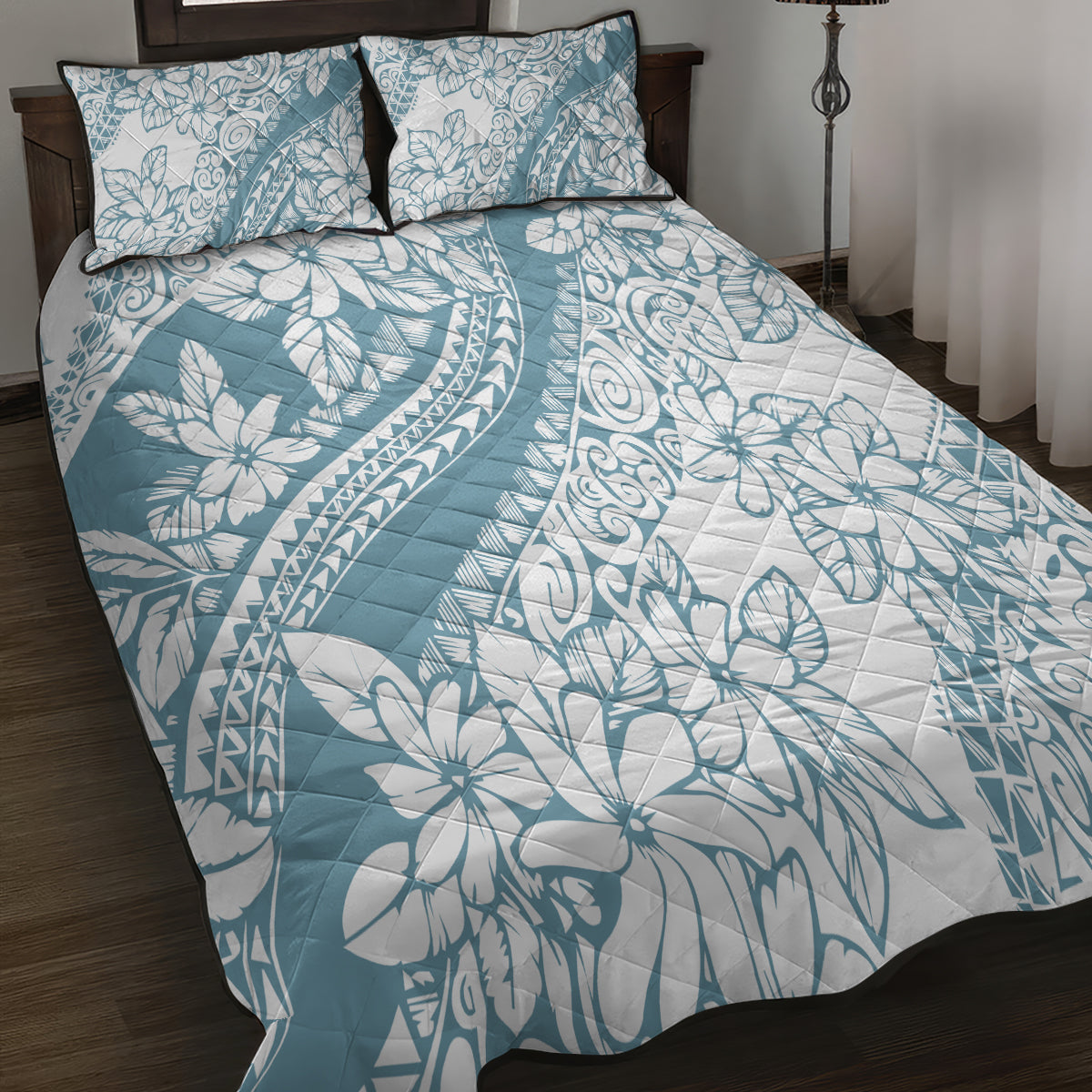 Polynesia Quilt Bed Set Polynesian Tropical Flowers Blue Pastel Vibes - Wonder Print Shop