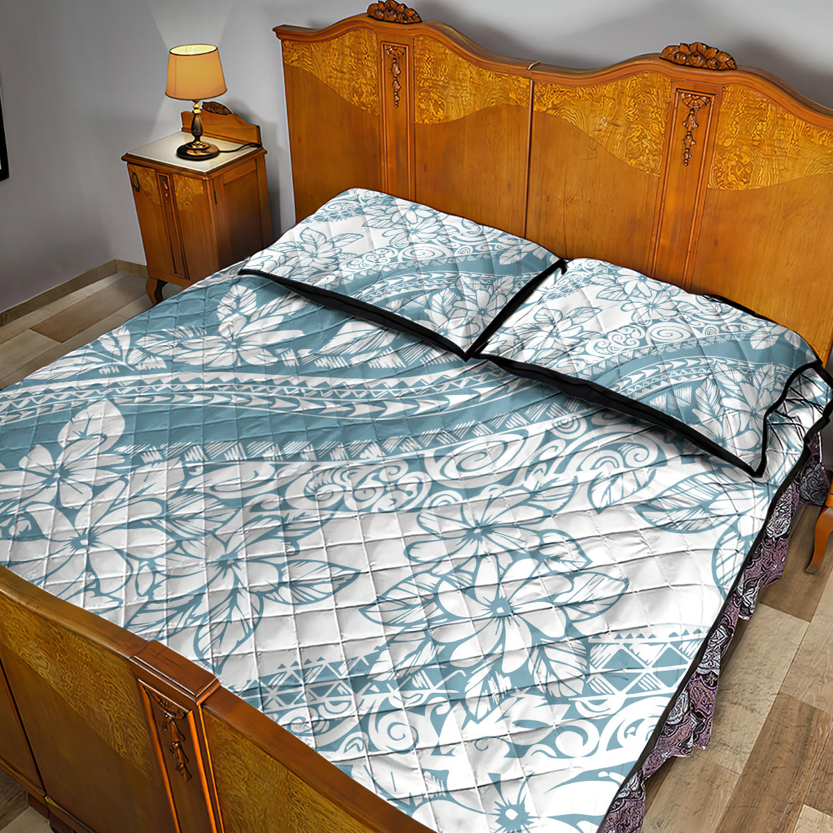 Polynesia Quilt Bed Set Polynesian Tropical Flowers Blue Pastel Vibes - Wonder Print Shop