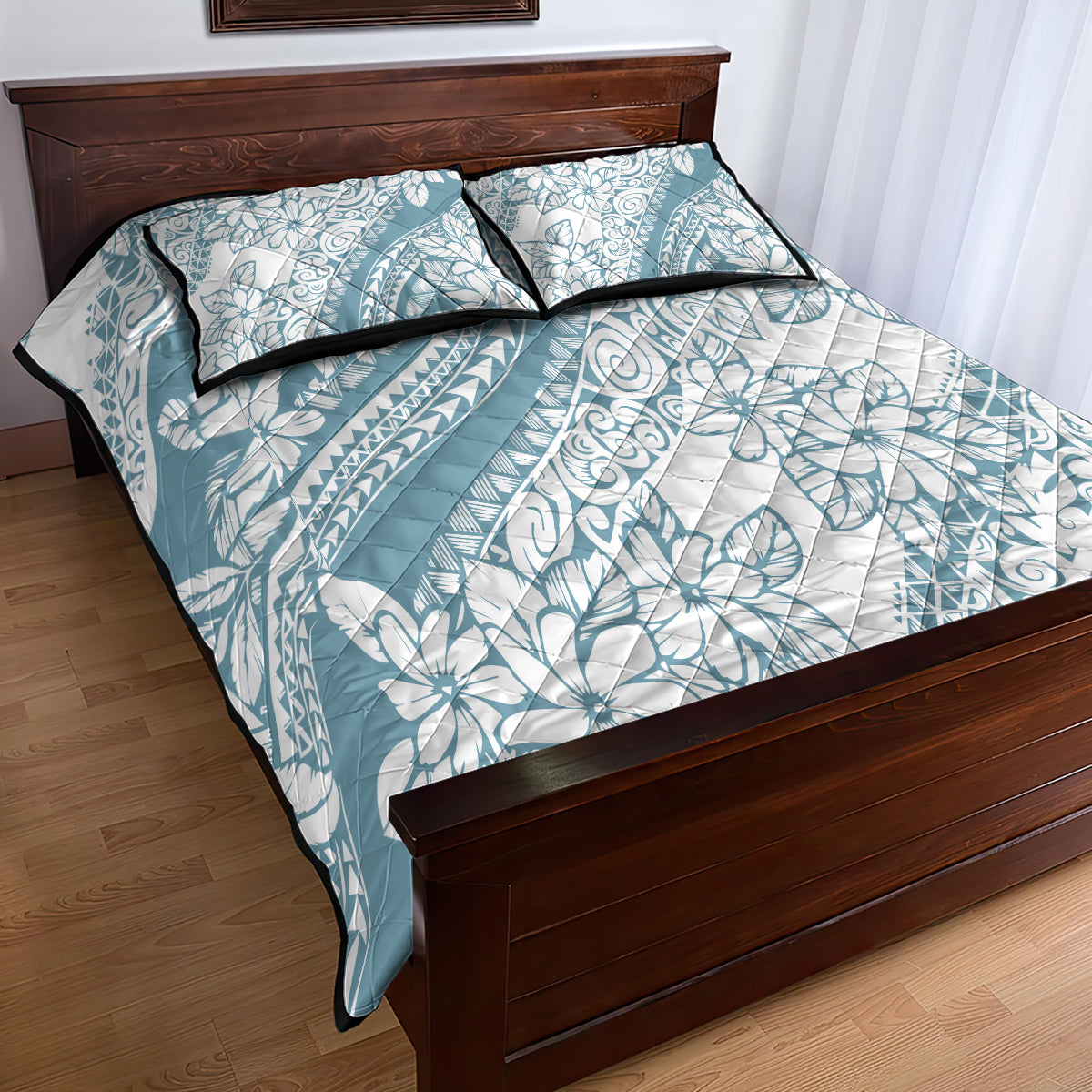 Polynesia Quilt Bed Set Polynesian Tropical Flowers Blue Pastel Vibes - Wonder Print Shop