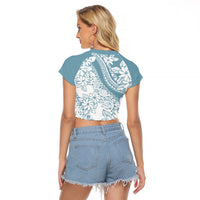 Polynesia Raglan Cropped T Shirt Polynesian Tropical Flowers Blue Pastel Vibes - Wonder Print Shop