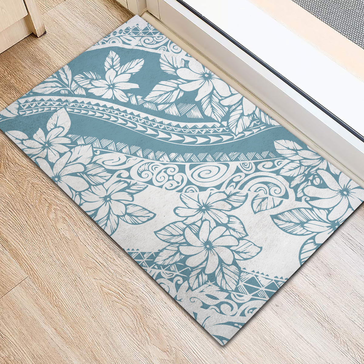 Polynesia Rubber Doormat Polynesian Tropical Flowers Blue Pastel Vibes - Wonder Print Shop