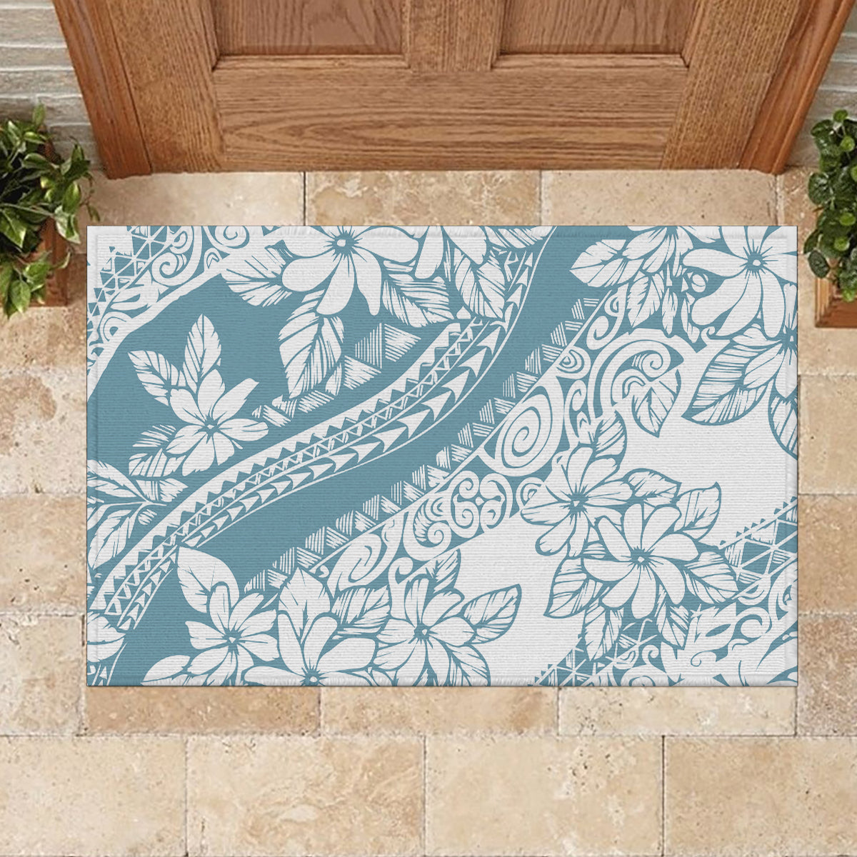 Polynesia Rubber Doormat Polynesian Tropical Flowers Blue Pastel Vibes - Wonder Print Shop
