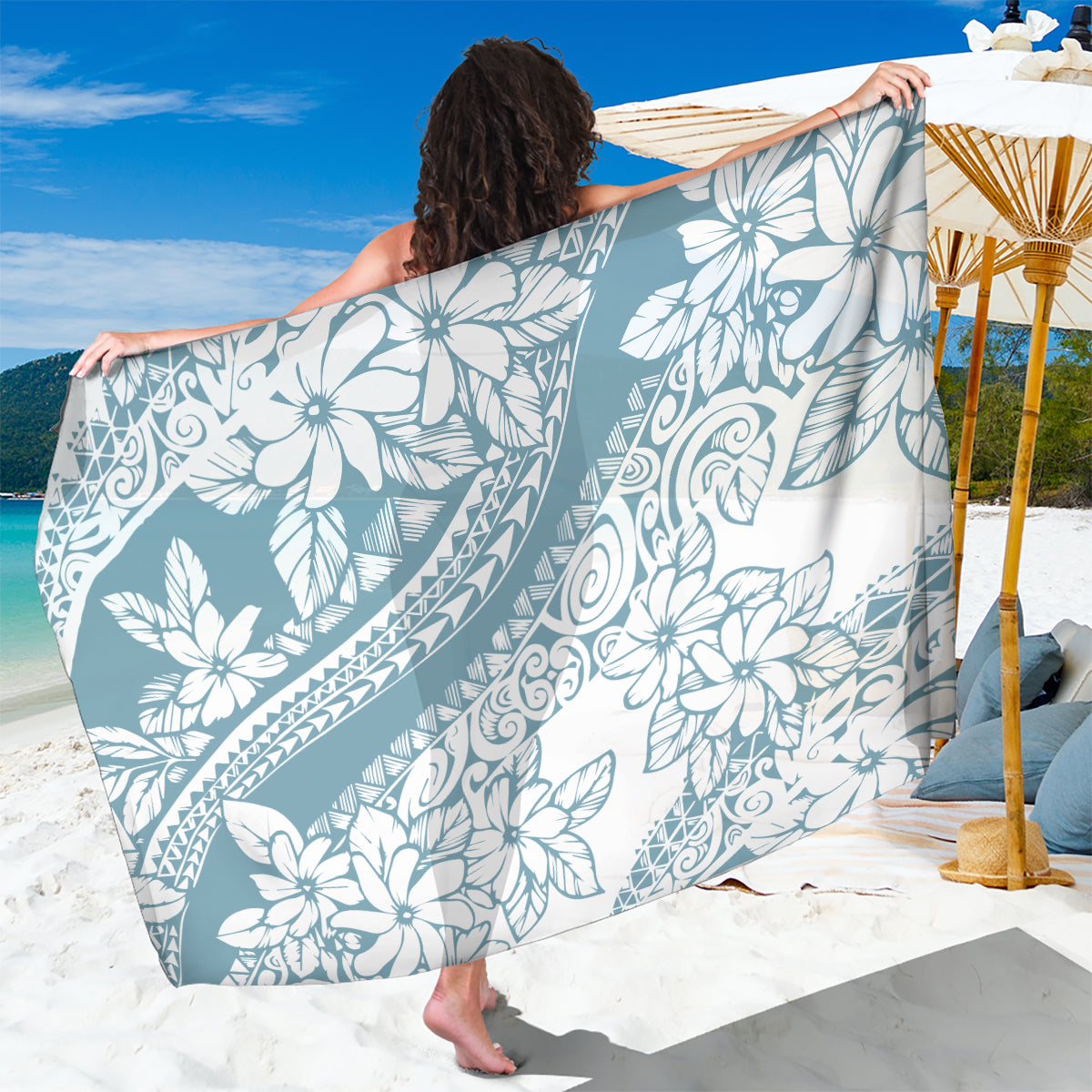 Polynesia Sarong Polynesian Tropical Flowers Blue Pastel Vibes - Wonder Print Shop