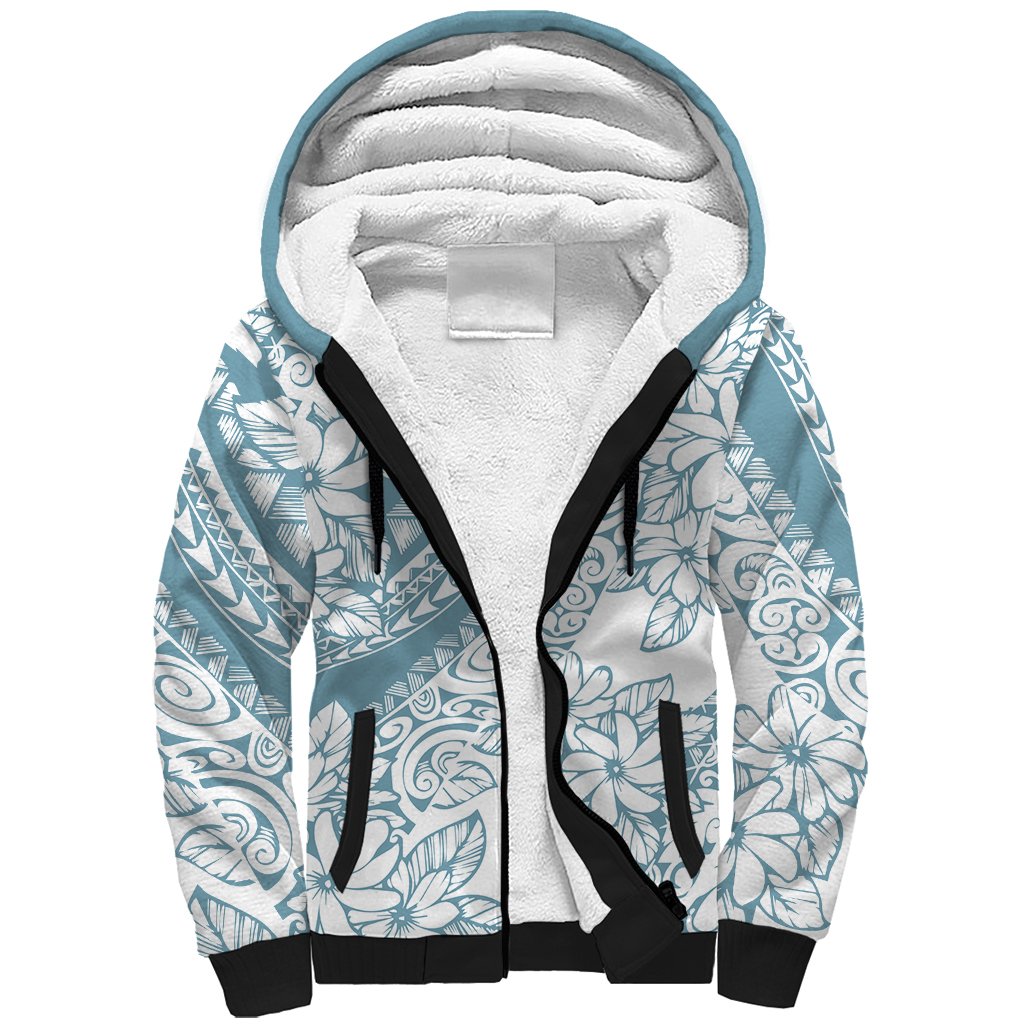 Polynesia Sherpa Hoodie Polynesian Tropical Flowers Blue Pastel Vibes - Wonder Print Shop