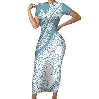 Polynesia Short Sleeve Bodycon Dress Polynesian Tropical Flowers Blue Pastel Vibes - Wonder Print Shop