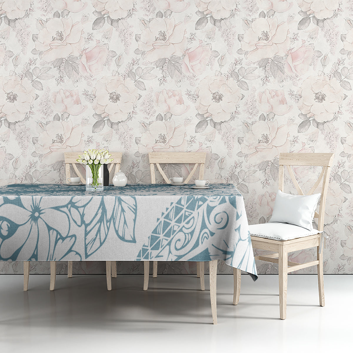 Polynesia Tablecloth Polynesian Tropical Flowers Blue Pastel Vibes - Wonder Print Shop