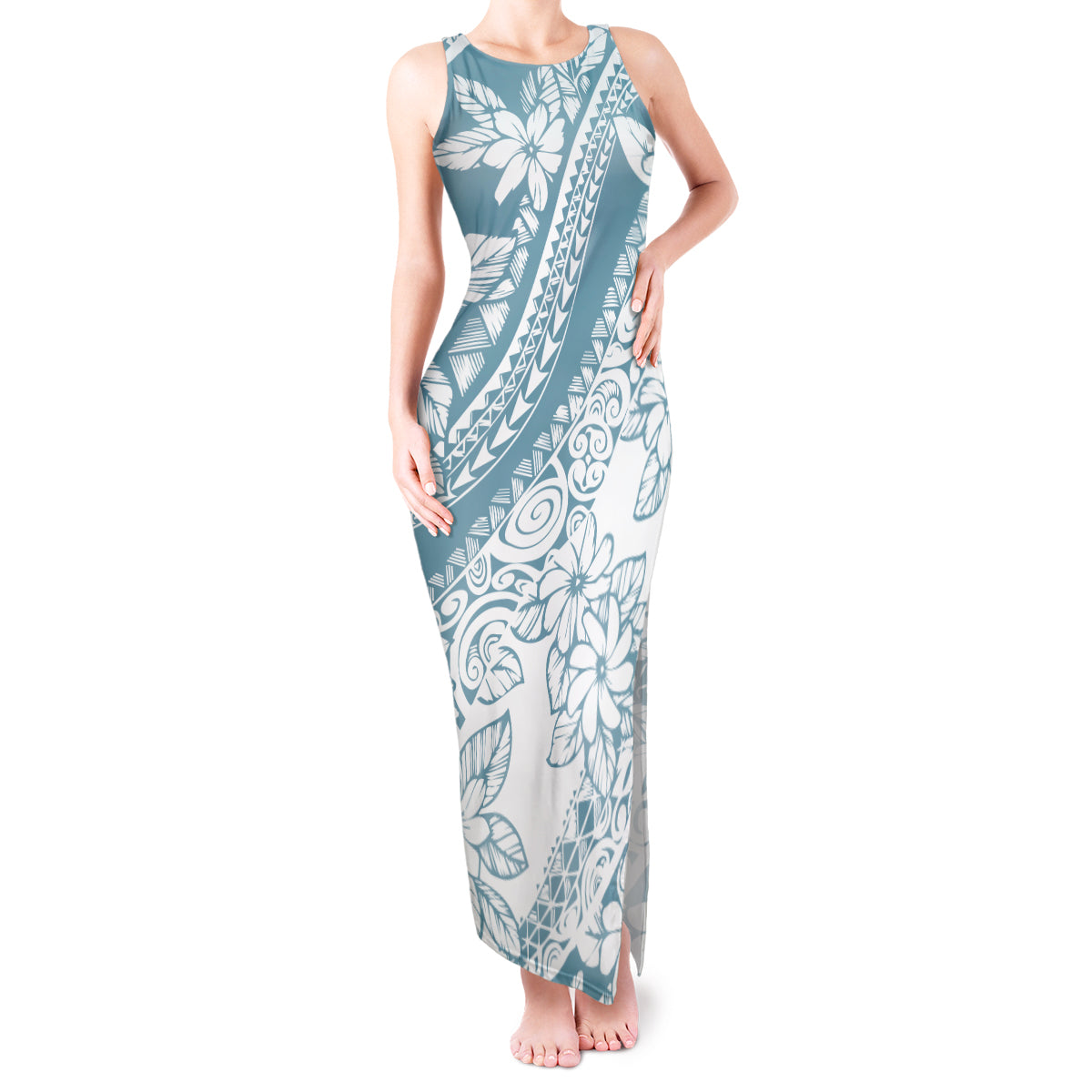 Polynesia Tank Maxi Dress Polynesian Tropical Flowers Blue Pastel Vibes - Wonder Print Shop