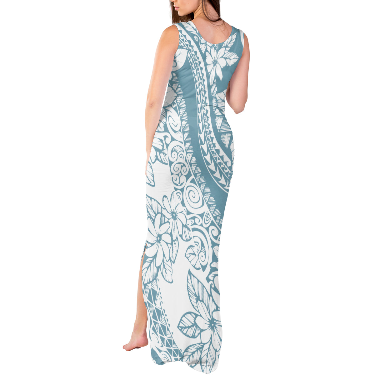 Polynesia Tank Maxi Dress Polynesian Tropical Flowers Blue Pastel Vibes - Wonder Print Shop