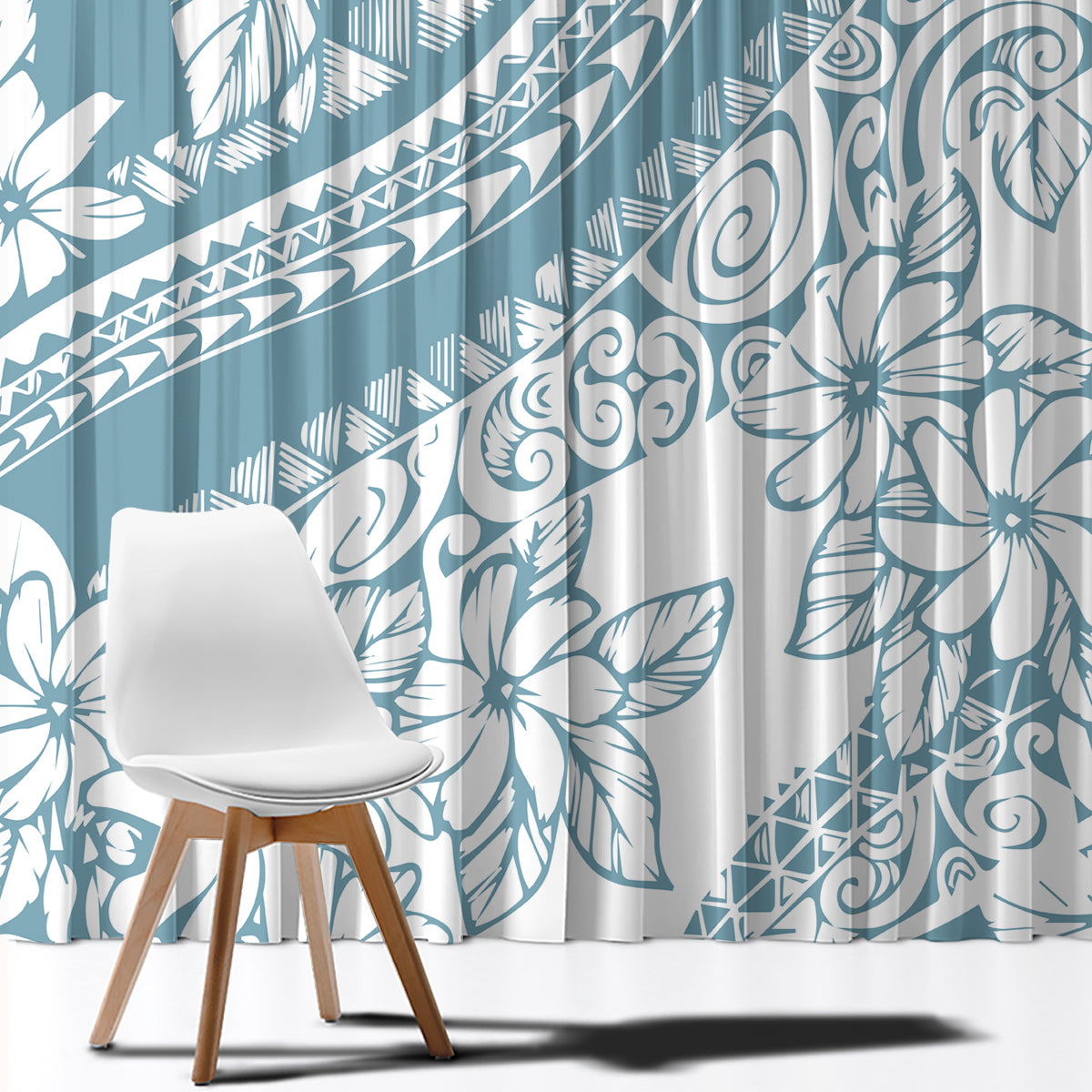 Polynesia Window Curtain Polynesian Tropical Flowers Blue Pastel Vibes - Wonder Print Shop