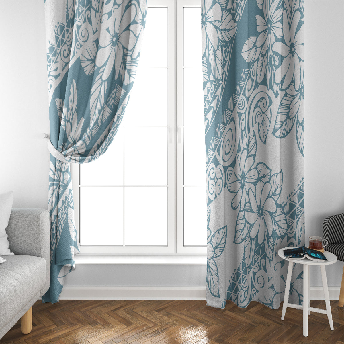 Polynesia Window Curtain Polynesian Tropical Flowers Blue Pastel Vibes - Wonder Print Shop