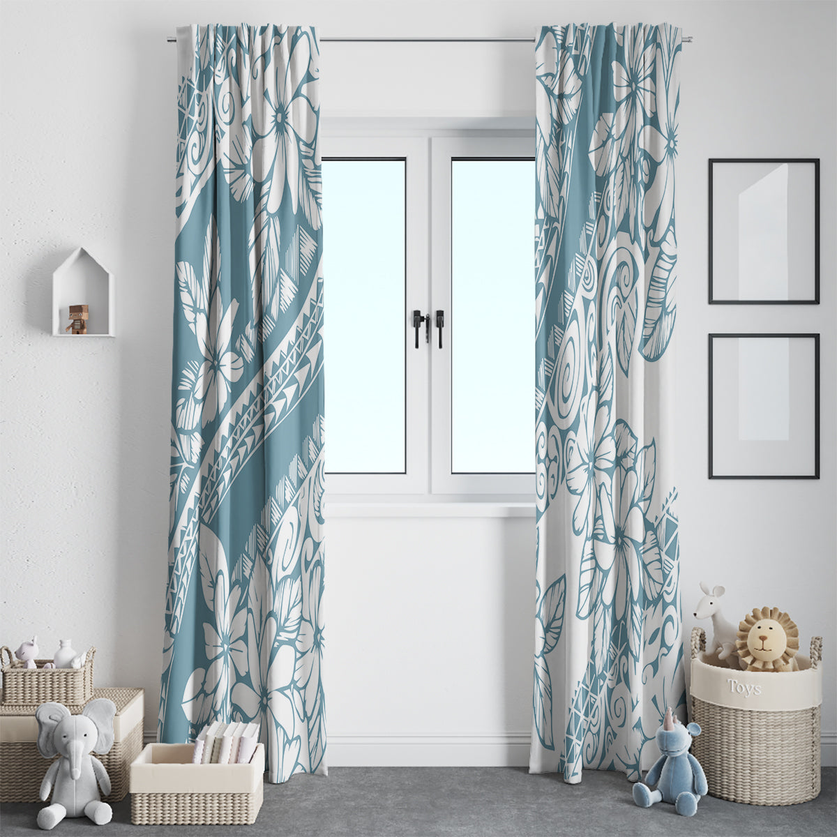 Polynesia Window Curtain Polynesian Tropical Flowers Blue Pastel Vibes - Wonder Print Shop