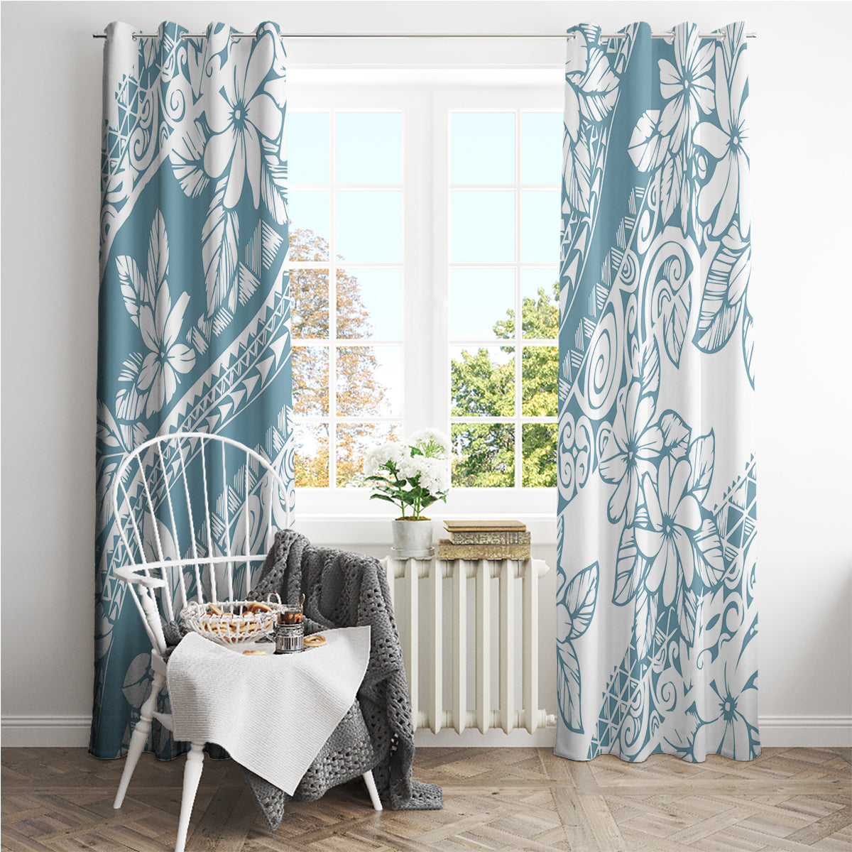 Polynesia Window Curtain Polynesian Tropical Flowers Blue Pastel Vibes - Wonder Print Shop