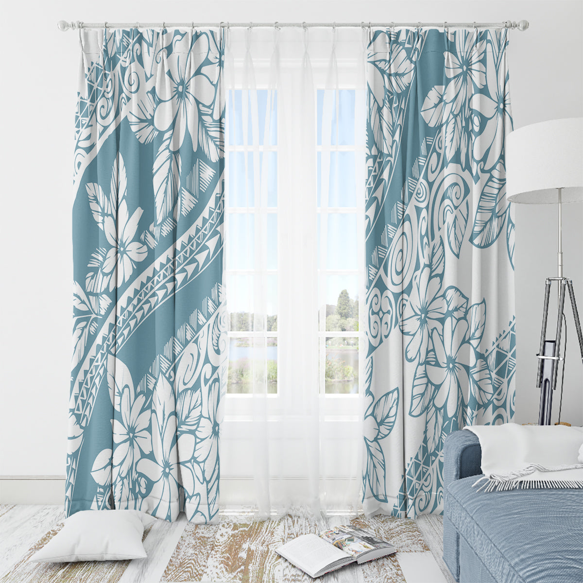 Polynesia Window Curtain Polynesian Tropical Flowers Blue Pastel Vibes - Wonder Print Shop