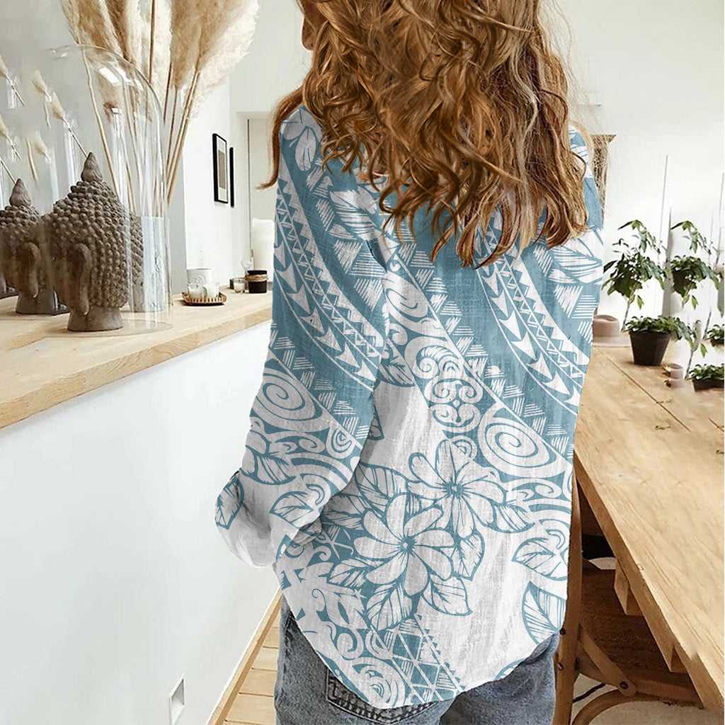 Polynesia Women Casual Shirt Polynesian Tropical Flowers Blue Pastel Vibes - Wonder Print Shop