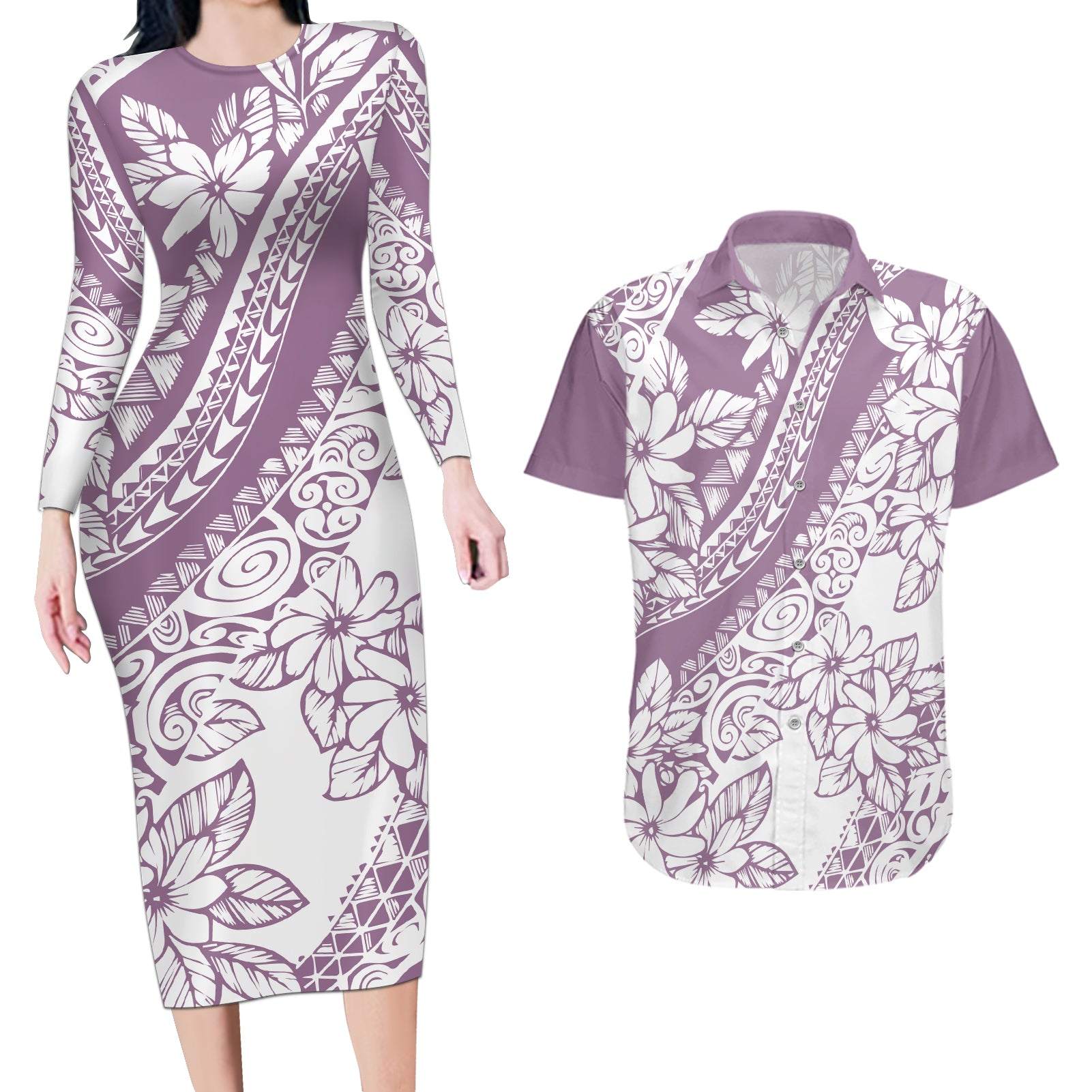 Polynesia Couples Matching Long Sleeve Bodycon Dress and Hawaiian Shirt Polynesian Tropical Flowers Purple Pastel Vibes - Wonder Print Shop