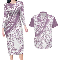 Polynesia Couples Matching Long Sleeve Bodycon Dress and Hawaiian Shirt Polynesian Tropical Flowers Purple Pastel Vibes - Wonder Print Shop