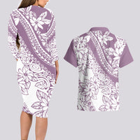 Polynesia Couples Matching Long Sleeve Bodycon Dress and Hawaiian Shirt Polynesian Tropical Flowers Purple Pastel Vibes - Wonder Print Shop
