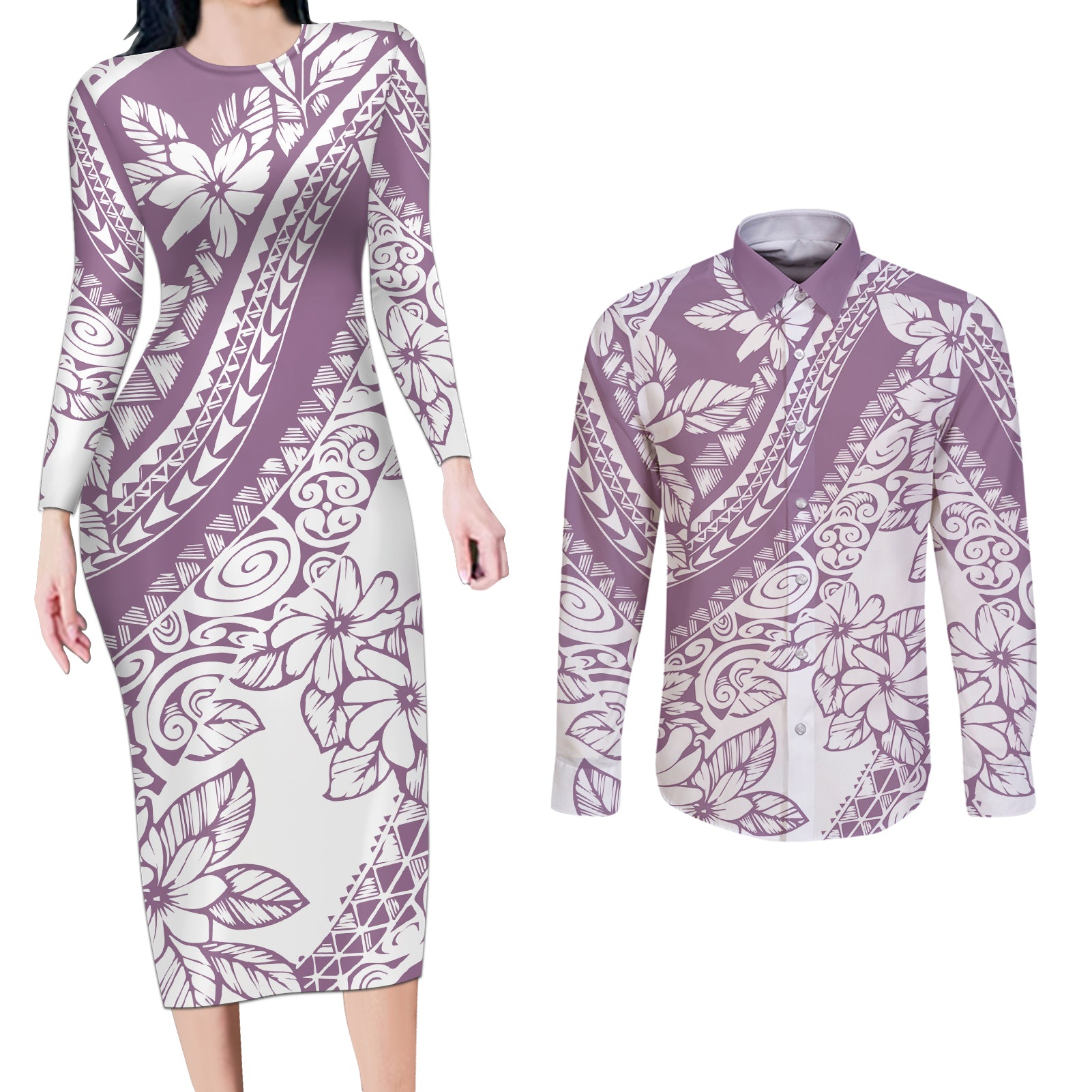 Polynesia Couples Matching Long Sleeve Bodycon Dress and Long Sleeve Button Shirts Polynesian Tropical Flowers Purple Pastel Vibes - Wonder Print Shop