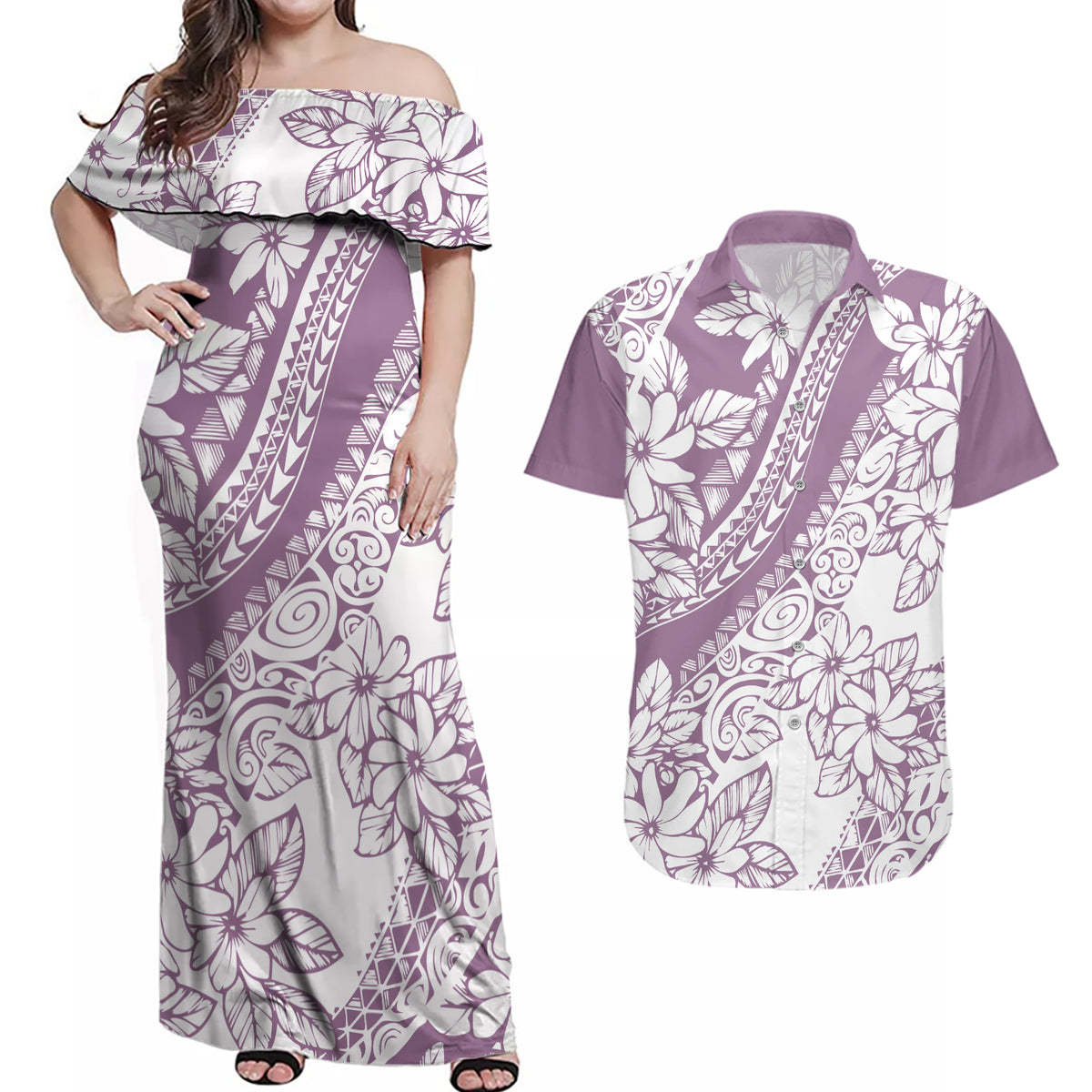 Polynesia Couples Matching Off Shoulder Maxi Dress and Hawaiian Shirt Polynesian Tropical Flowers Purple Pastel Vibes - Wonder Print Shop