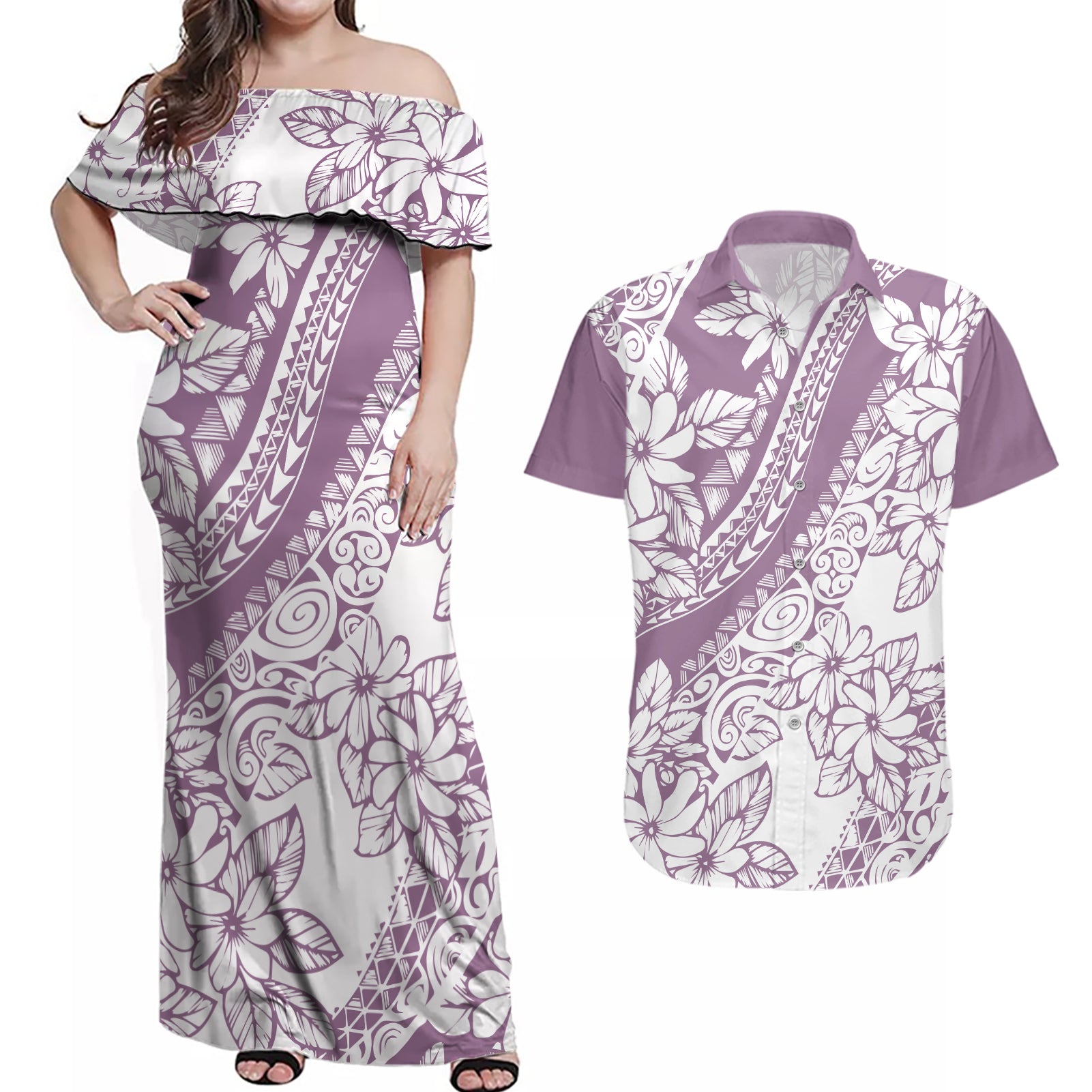Polynesia Couples Matching Off Shoulder Maxi Dress and Hawaiian Shirt Polynesian Tropical Flowers Purple Pastel Vibes - Wonder Print Shop