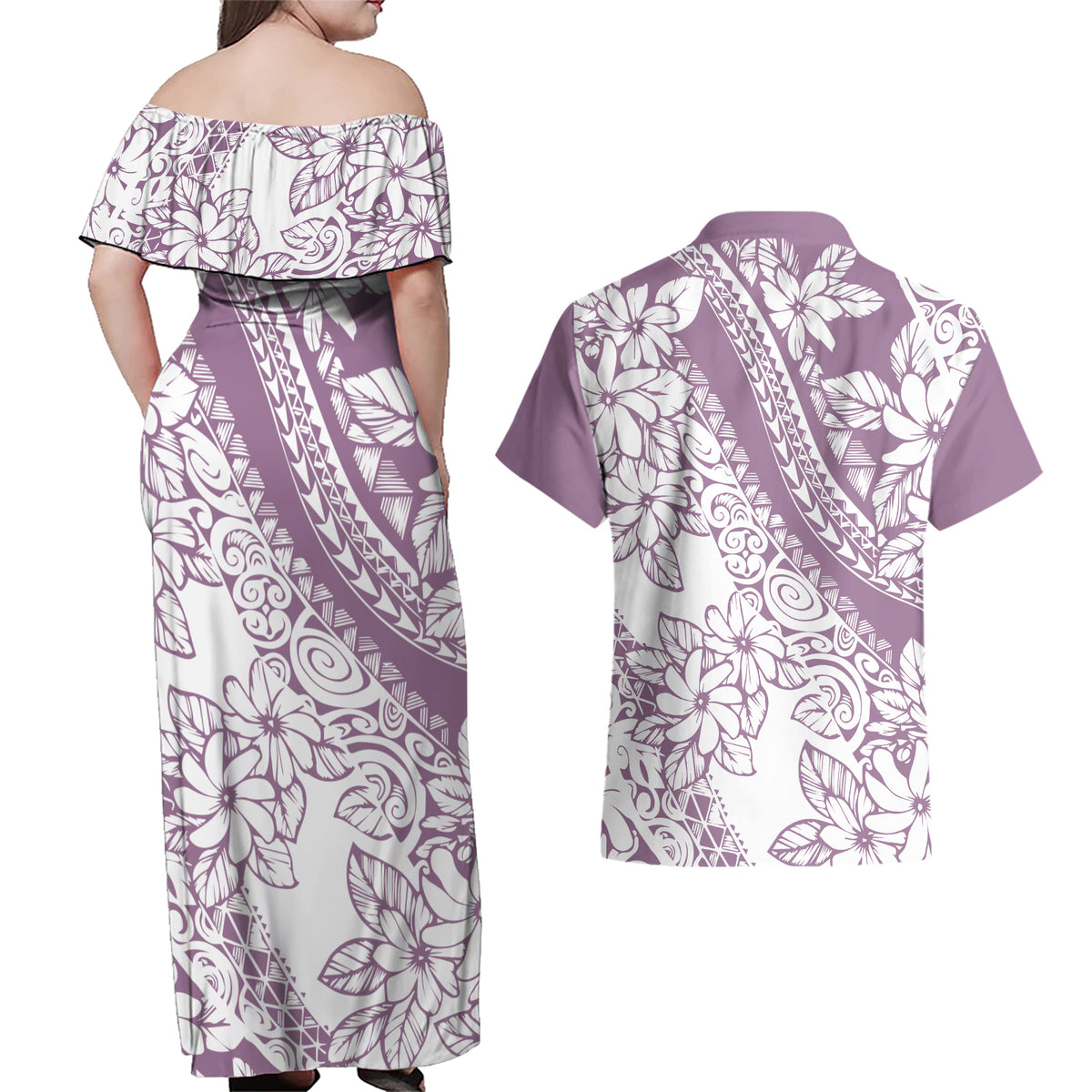 Polynesia Couples Matching Off Shoulder Maxi Dress and Hawaiian Shirt Polynesian Tropical Flowers Purple Pastel Vibes - Wonder Print Shop