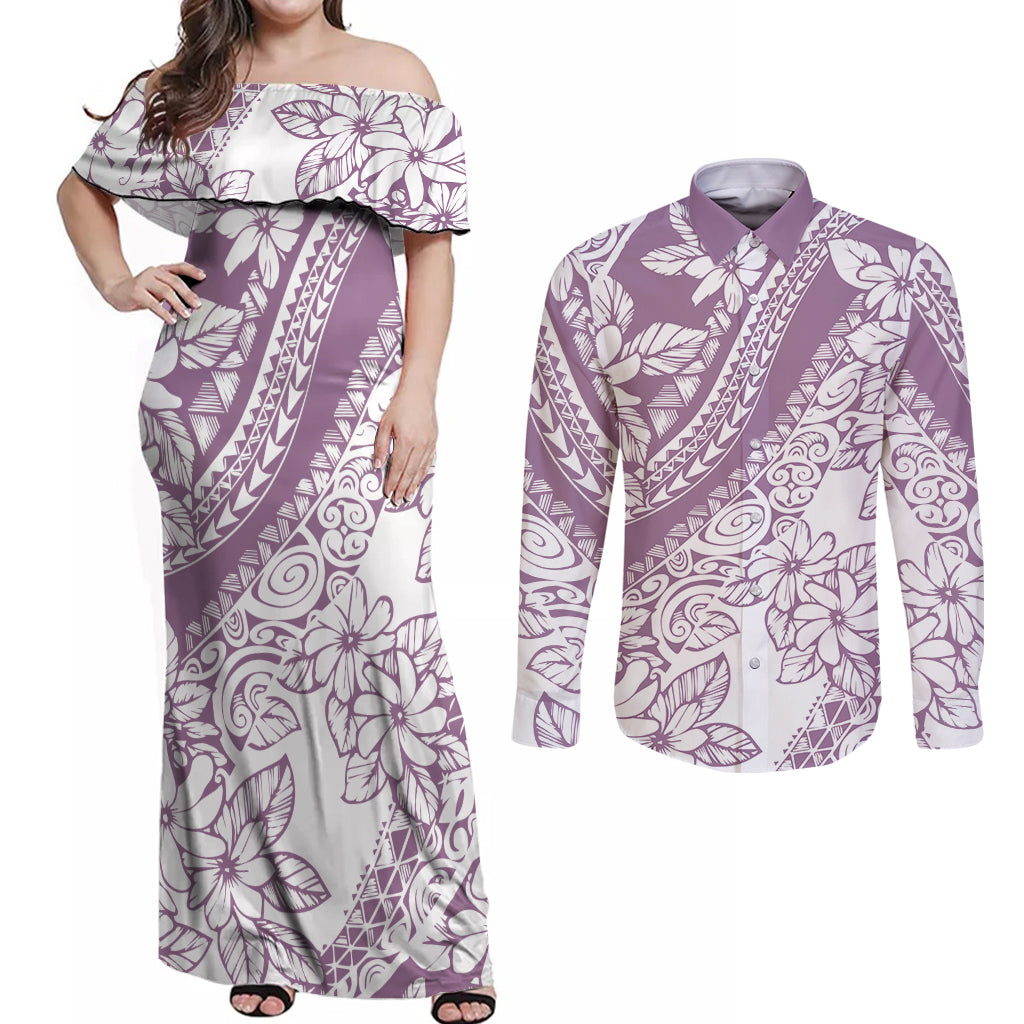 Polynesia Couples Matching Off Shoulder Maxi Dress and Long Sleeve Button Shirts Polynesian Tropical Flowers Purple Pastel Vibes - Wonder Print Shop