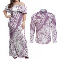 Polynesia Couples Matching Off Shoulder Maxi Dress and Long Sleeve Button Shirts Polynesian Tropical Flowers Purple Pastel Vibes - Wonder Print Shop