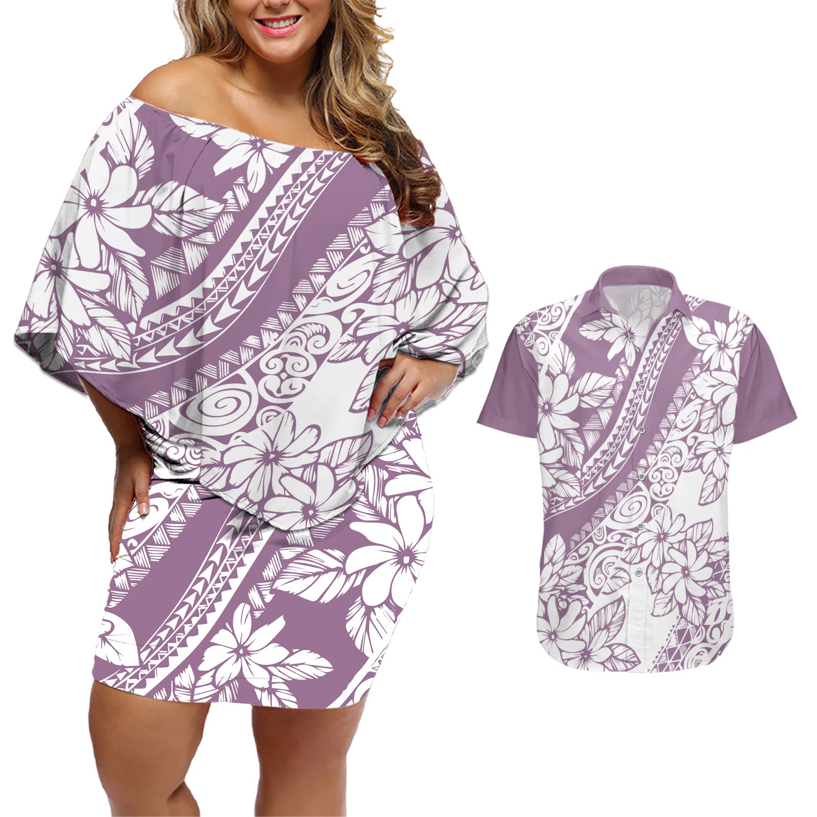 Polynesia Couples Matching Off Shoulder Short Dress and Hawaiian Shirt Polynesian Tropical Flowers Purple Pastel Vibes - Wonder Print Shop