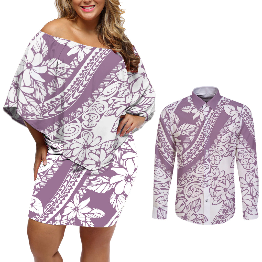 Polynesia Couples Matching Off Shoulder Short Dress and Long Sleeve Button Shirts Polynesian Tropical Flowers Purple Pastel Vibes - Wonder Print Shop
