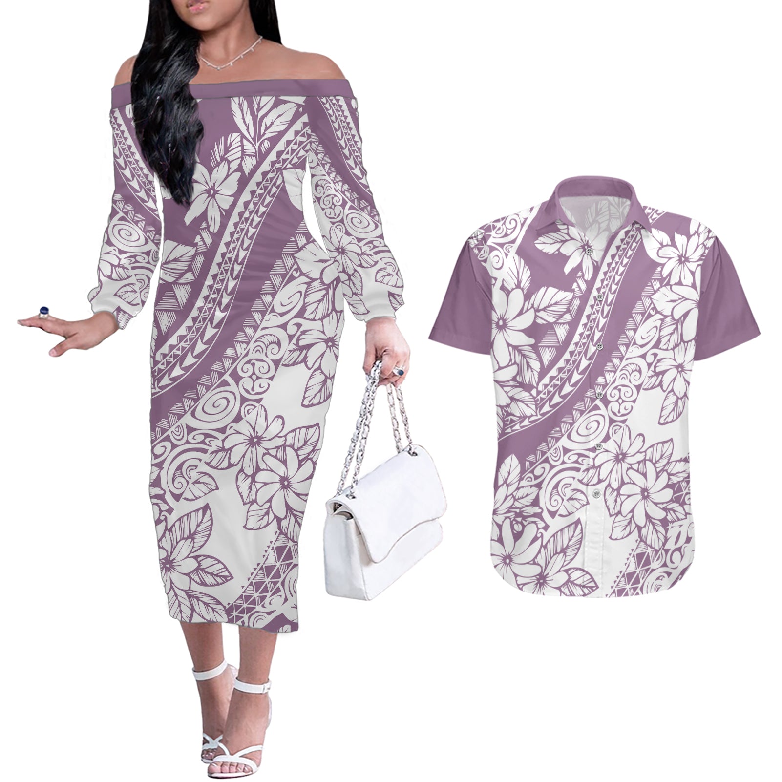 Polynesia Couples Matching Off The Shoulder Long Sleeve Dress and Hawaiian Shirt Polynesian Tropical Flowers Purple Pastel Vibes - Wonder Print Shop
