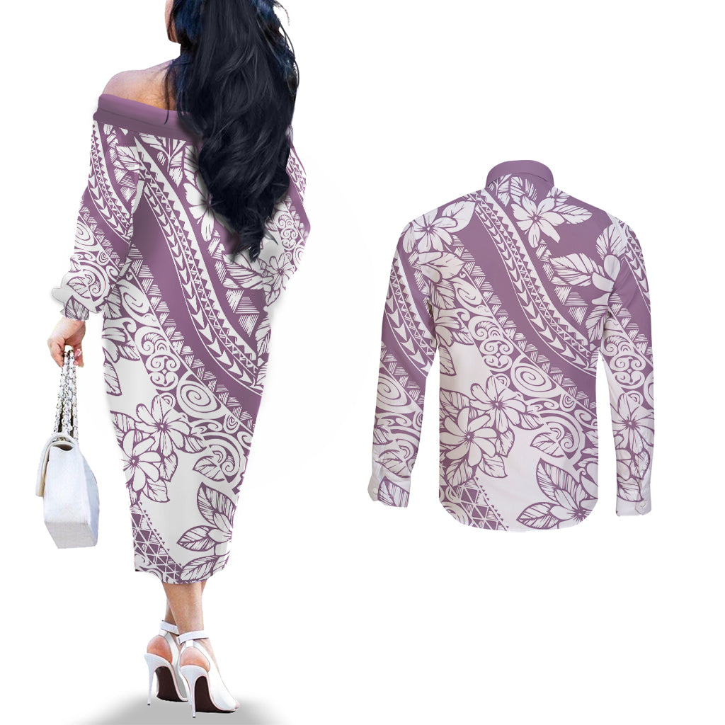 polynesia-couples-matching-off-the-shoulder-long-sleeve-dress-and-long-sleeve-button-shirts-polynesian-tropical-flowers-purple-pastel-vibes