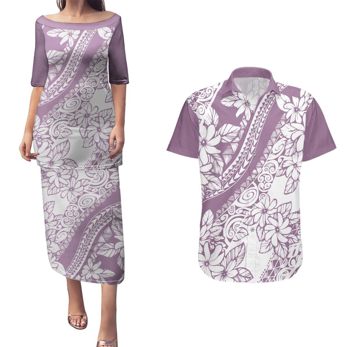 Polynesia Couples Matching Puletasi Dress and Hawaiian Shirt Polynesian Tropical Flowers Purple Pastel Vibes - Wonder Print Shop