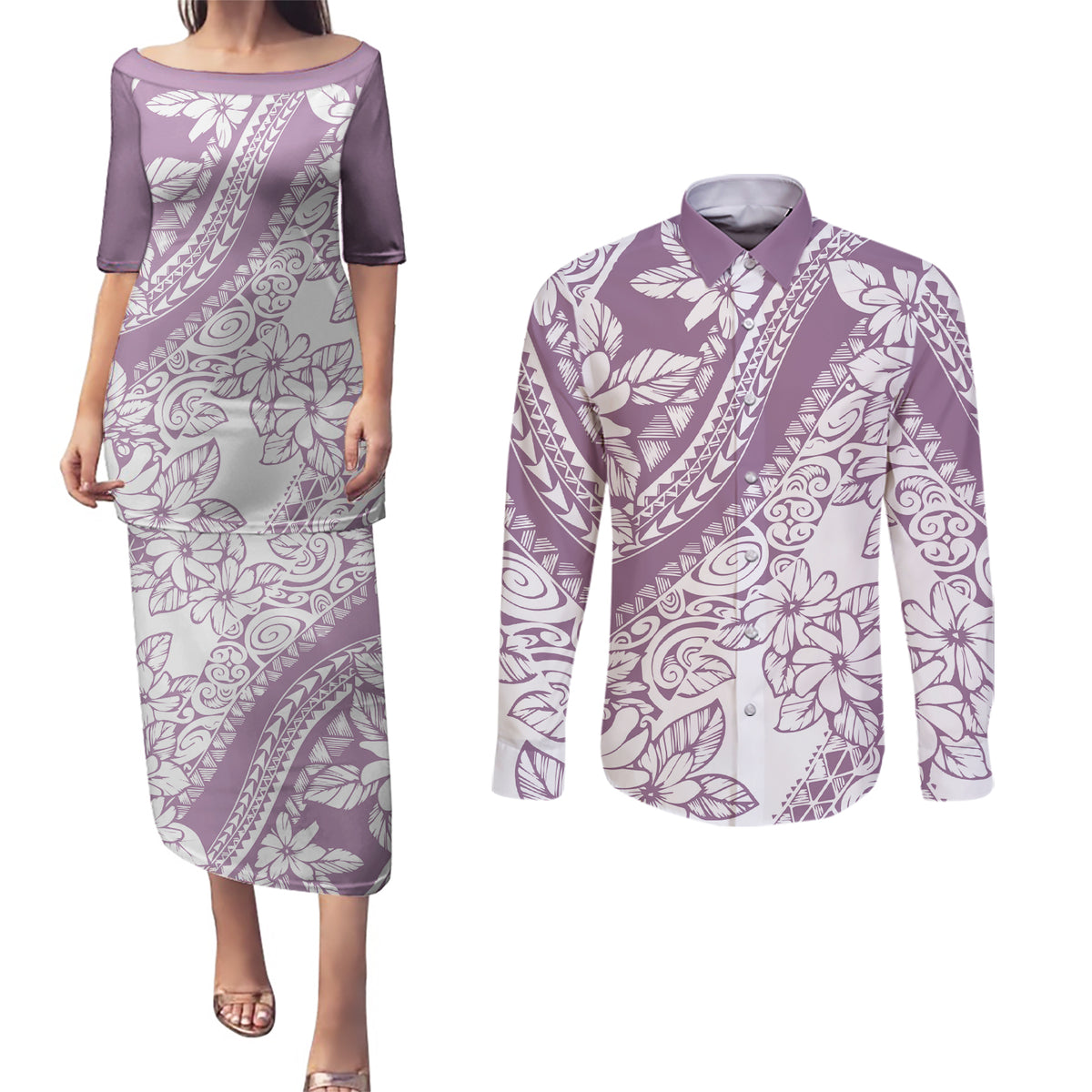 Polynesia Couples Matching Puletasi Dress and Long Sleeve Button Shirts Polynesian Tropical Flowers Purple Pastel Vibes - Wonder Print Shop