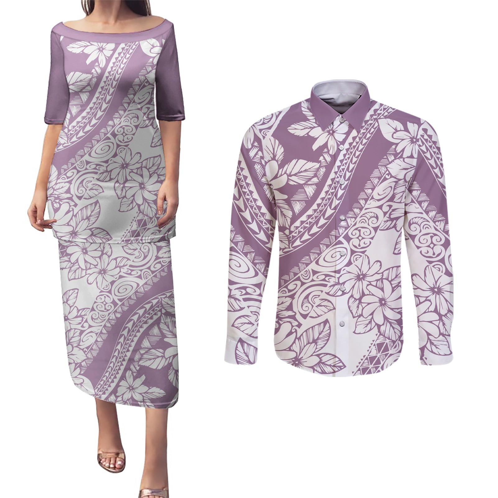 Polynesia Couples Matching Puletasi Dress and Long Sleeve Button Shirts Polynesian Tropical Flowers Purple Pastel Vibes - Wonder Print Shop