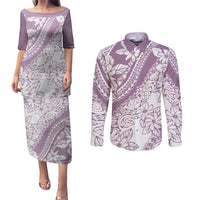 Polynesia Couples Matching Puletasi Dress and Long Sleeve Button Shirts Polynesian Tropical Flowers Purple Pastel Vibes - Wonder Print Shop