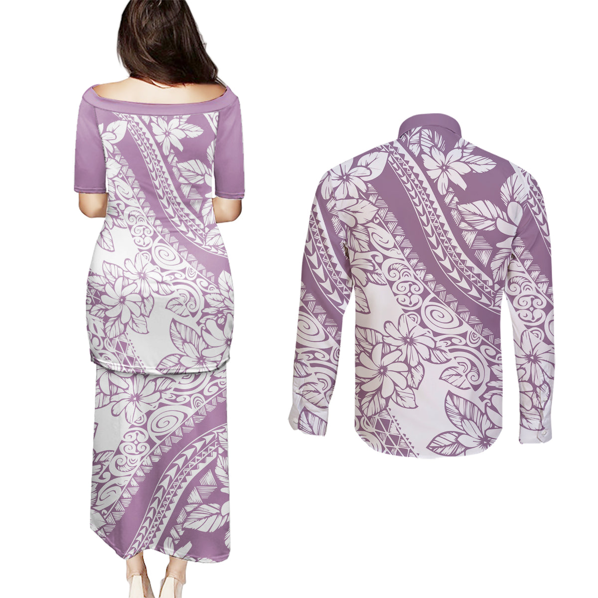 Polynesia Couples Matching Puletasi Dress and Long Sleeve Button Shirts Polynesian Tropical Flowers Purple Pastel Vibes - Wonder Print Shop