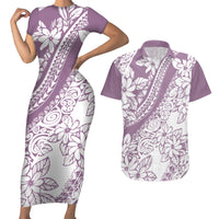 Polynesia Couples Matching Short Sleeve Bodycon Dress and Hawaiian Shirt Polynesian Tropical Flowers Purple Pastel Vibes - Wonder Print Shop