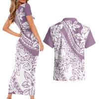 Polynesia Couples Matching Short Sleeve Bodycon Dress and Hawaiian Shirt Polynesian Tropical Flowers Purple Pastel Vibes - Wonder Print Shop
