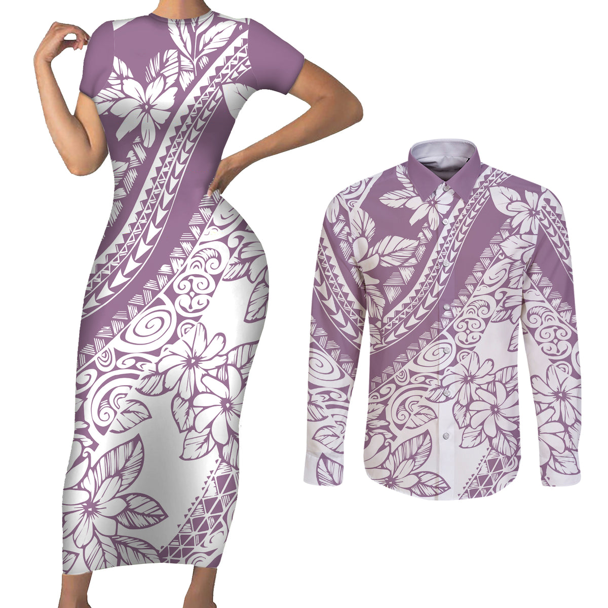 Polynesia Couples Matching Short Sleeve Bodycon Dress and Long Sleeve Button Shirts Polynesian Tropical Flowers Purple Pastel Vibes - Wonder Print Shop