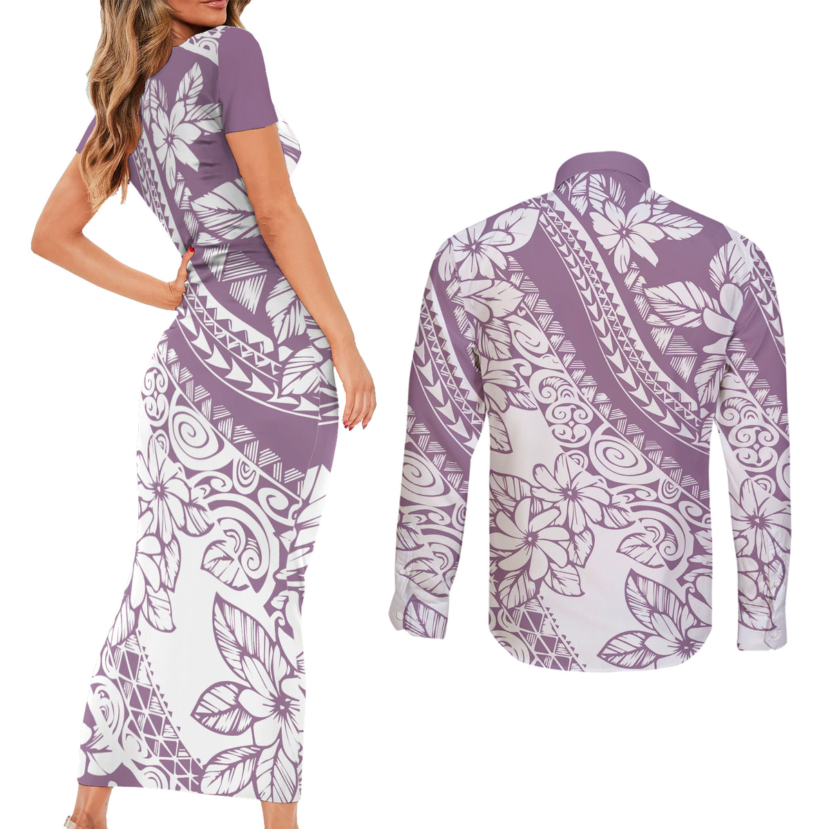 Polynesia Couples Matching Short Sleeve Bodycon Dress and Long Sleeve Button Shirts Polynesian Tropical Flowers Purple Pastel Vibes - Wonder Print Shop